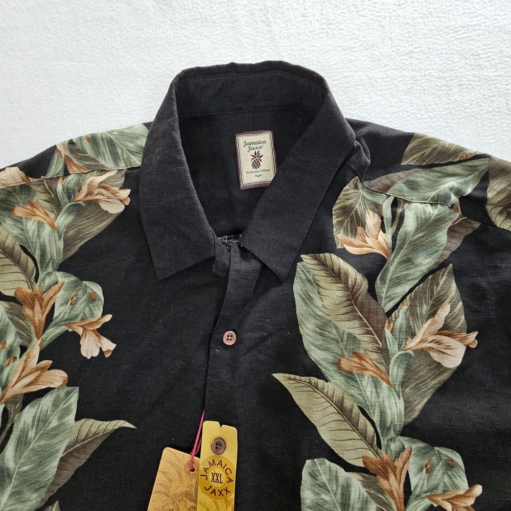 Jamaica Jaxx Mens XXL Silk Tropical Leaf Print Button Down Camp Shirt Black NEW